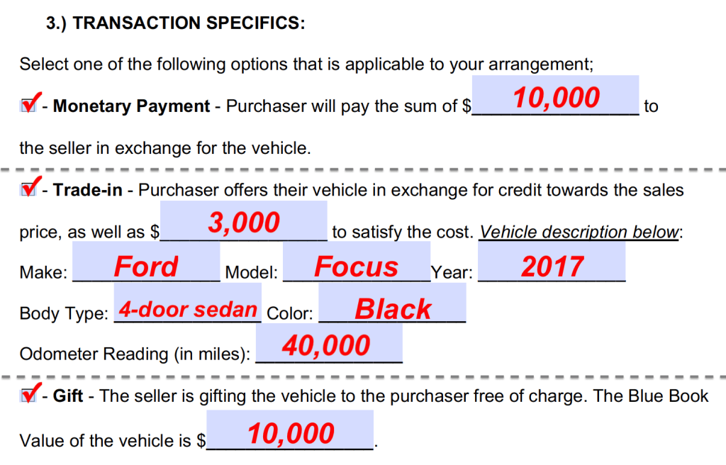 examples of a pa bill of sale for vehicle transactions