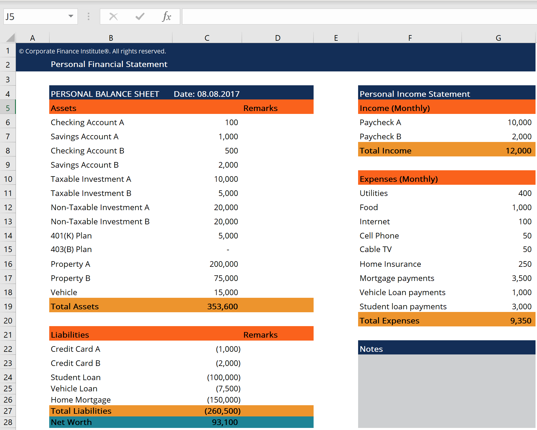 examples of a personal financial statement