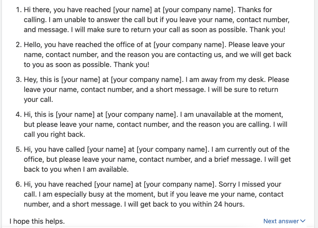 examples of a professional voicemail greeting you can use