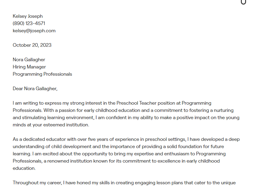 examples of a teaching cover letter