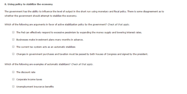 Examples of Automatic Stabilizers: Check All That Apply