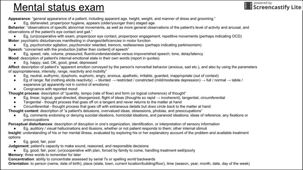examples of mental status exam assessments