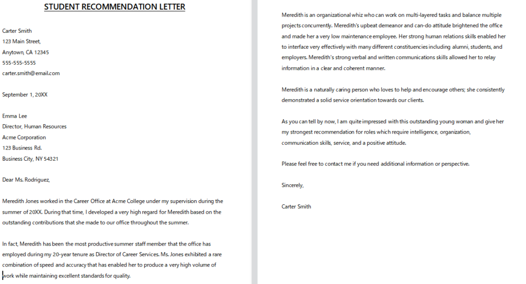 examples of recommendation letters for students from teachers