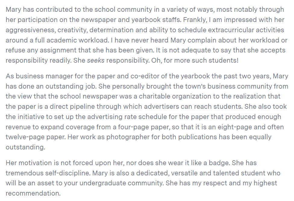 examples of strong letters of recommendation for students