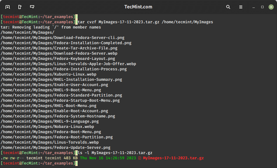 examples of the tarball linux command in action