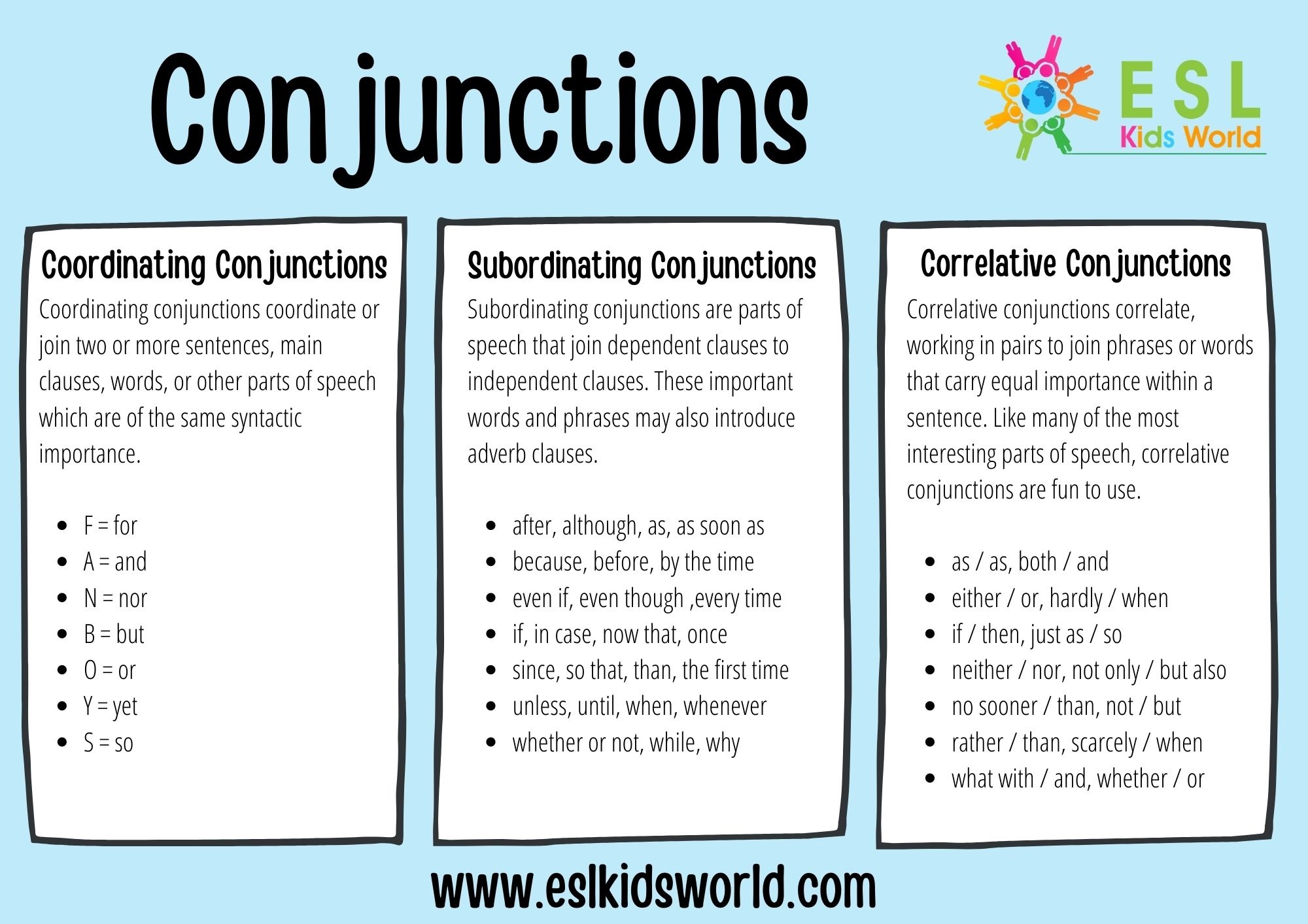 examples of the types of conjunctions in writing