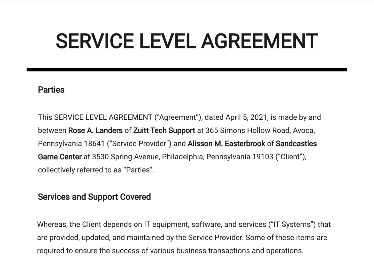 service level agreement template examples for businesses