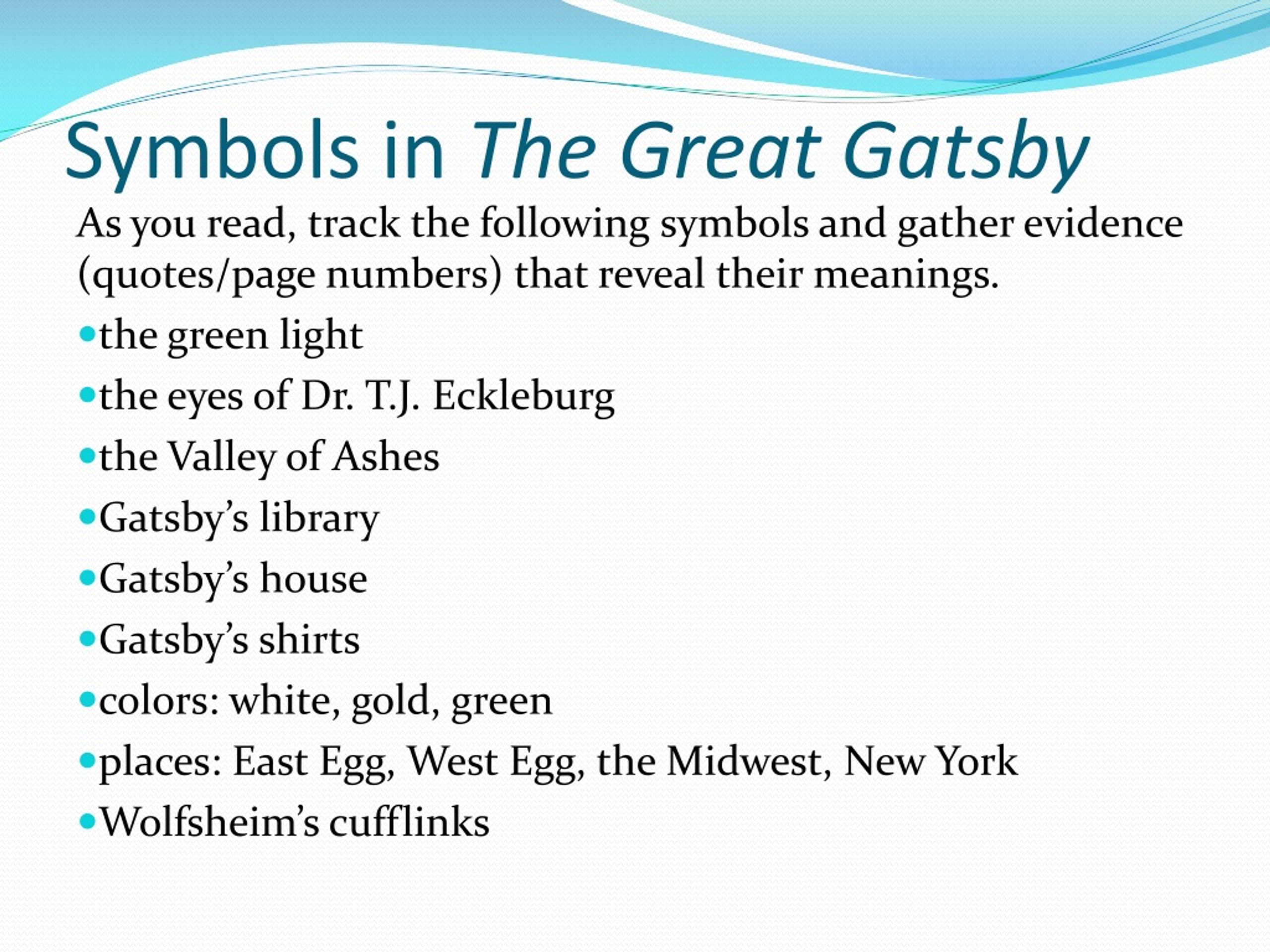 symbols in the great gatsby and their meanings